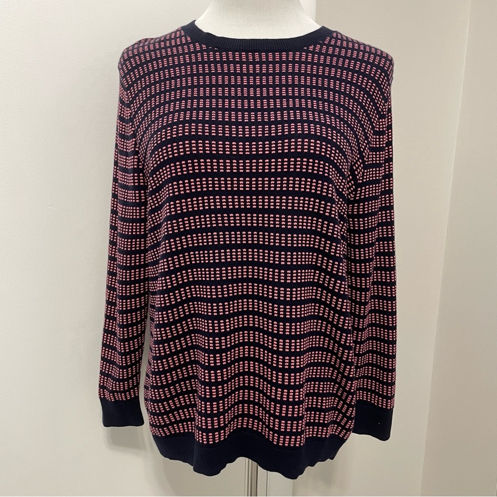 J. Crew Textured Crewneck Knit Sweater Navy & Pink 3/4 Length Sleeve Size XL